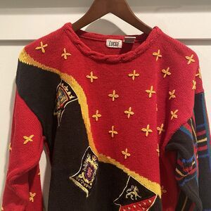 Vintage Lucia Sweater Women Size‎ Small S Red Black Plaid Crest Preppy Academia